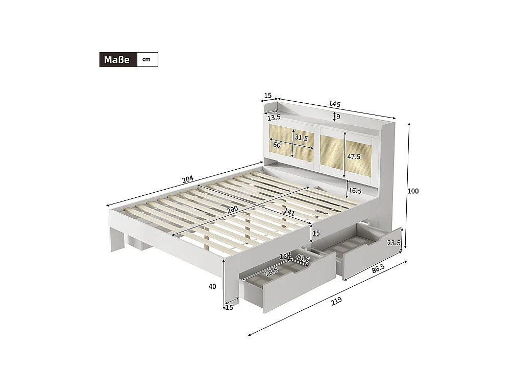 bed met opbergruimte van massief hout 140x200 met rotan decor lades met opbergruimte geschikt voor volwassenen en tieners wit
