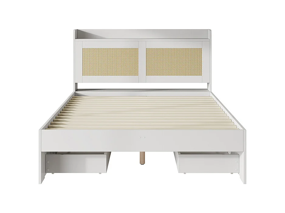 bed met opbergruimte van massief hout 140x200 met rotan decor lades met opbergruimte geschikt voor volwassenen en tieners wit
