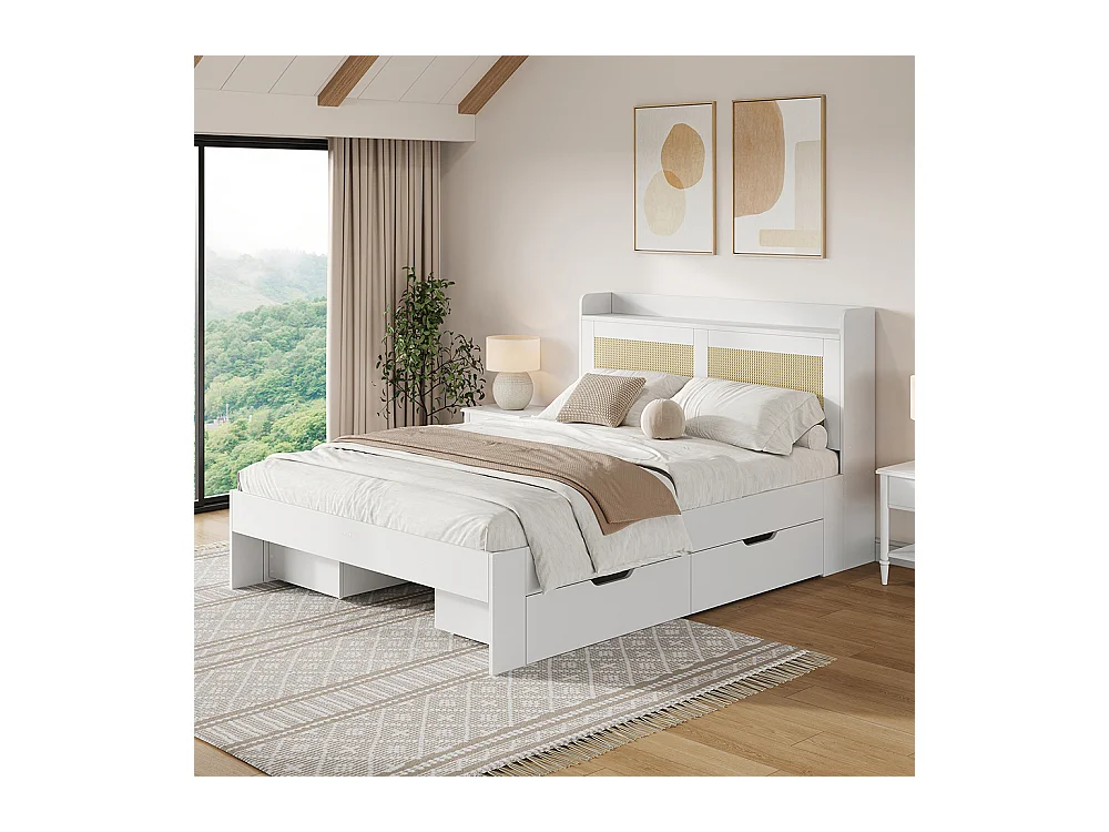 bed met opbergruimte van massief hout 140x200 met rotan decor lades met opbergruimte geschikt voor volwassenen en tieners wit
