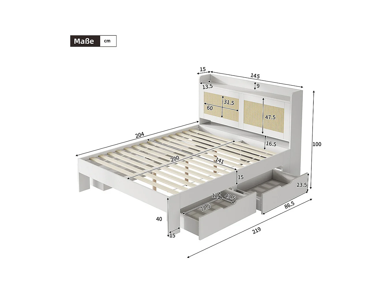 bed met opbergruimte van massief hout 140x200 met rotan decor lades met opbergruimte geschikt voor volwassenen en tieners wit