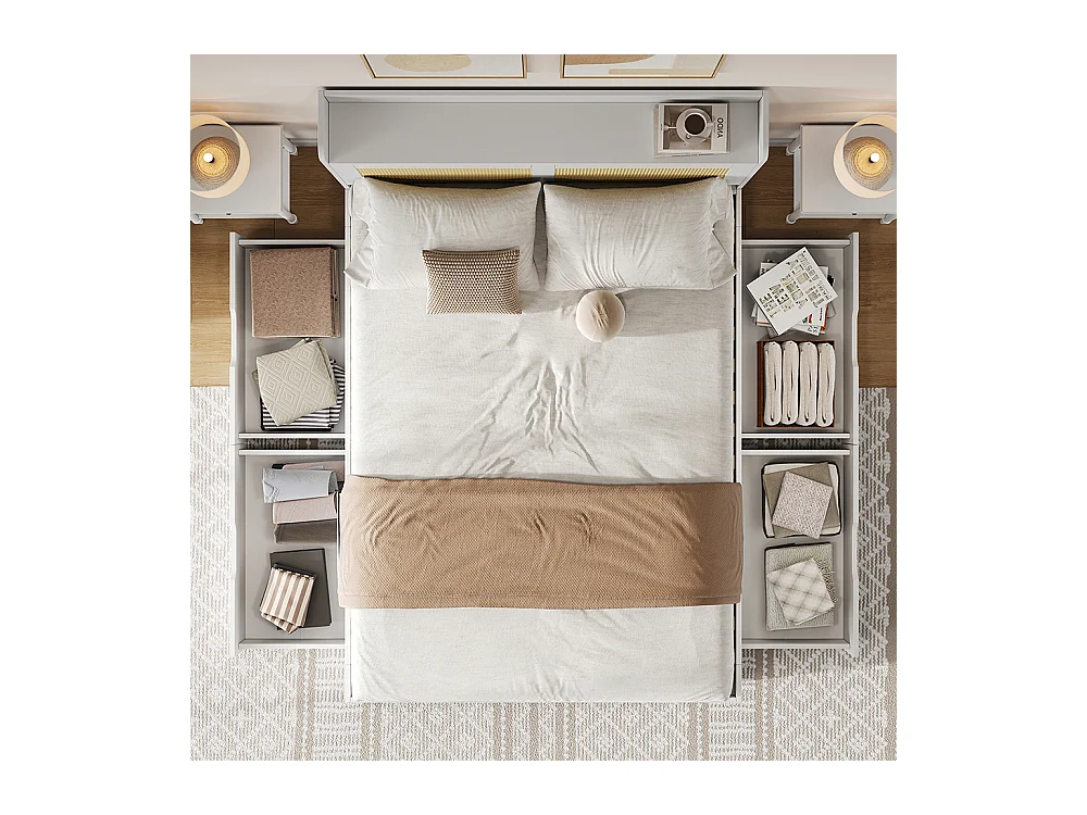 bed met opbergruimte van massief hout 140x200 met rotan decor lades met opbergruimte geschikt voor volwassenen en tieners wit