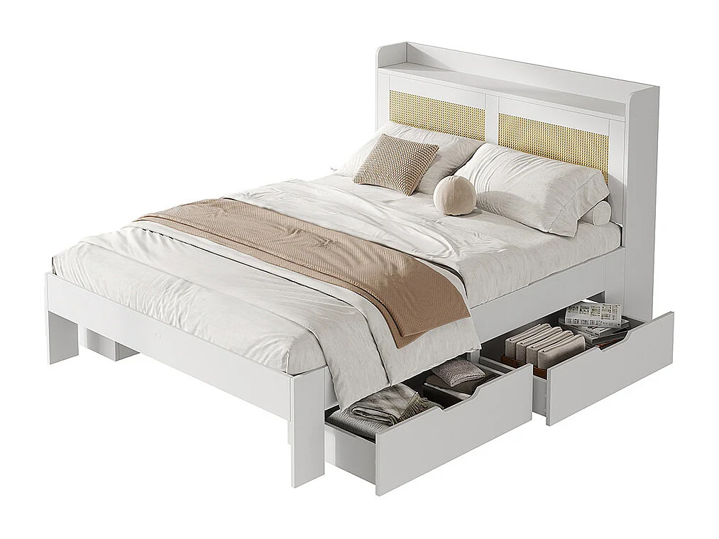 lit avec rangement en bois massif 140x200 avec décor rotin tiroirs avec espace de rangement adapté aux adultes et aux adolescents blanc