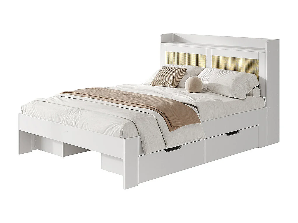 lit avec rangement en bois massif 140x200 avec décor rotin tiroirs avec espace de rangement adapté aux adultes et aux adolescents blanc