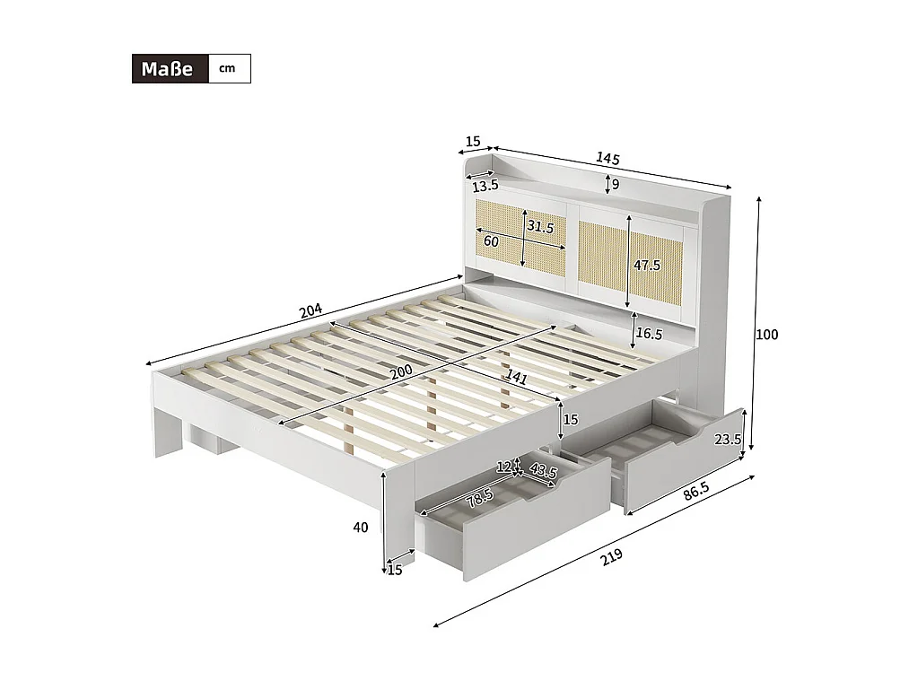 lit avec rangement en bois massif 140x200 avec décor rotin tiroirs avec espace de rangement adapté aux adultes et aux adolescents blanc