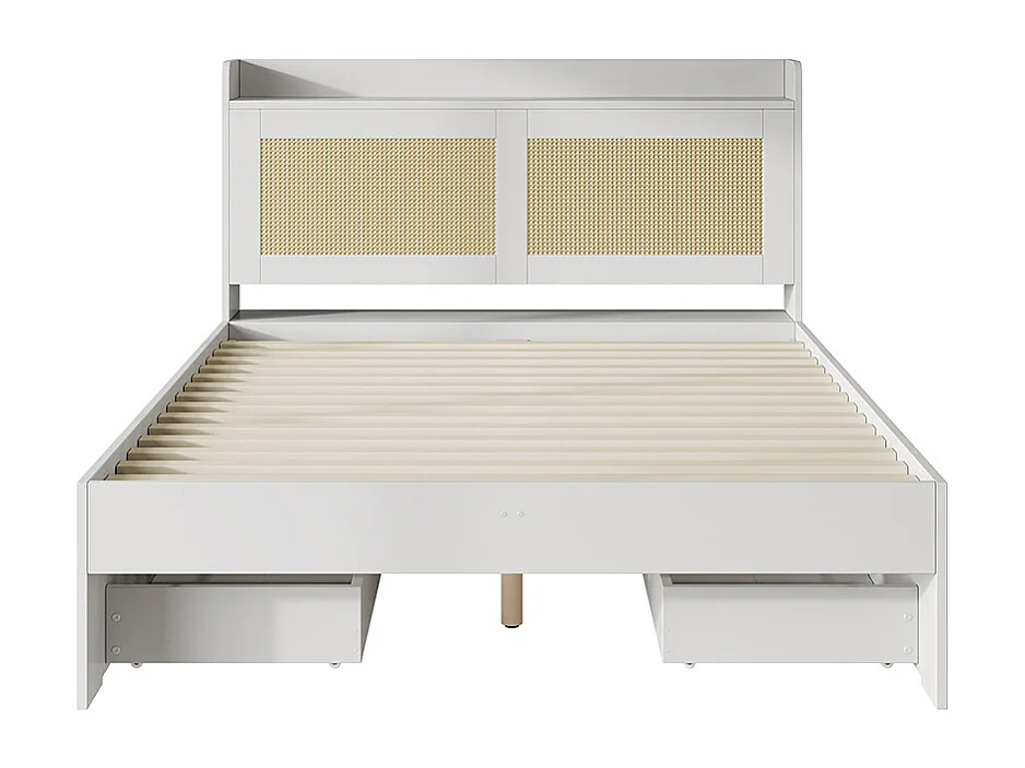 lit avec rangement en bois massif 140x200 avec décor rotin tiroirs avec espace de rangement adapté aux adultes et aux adolescents blanc