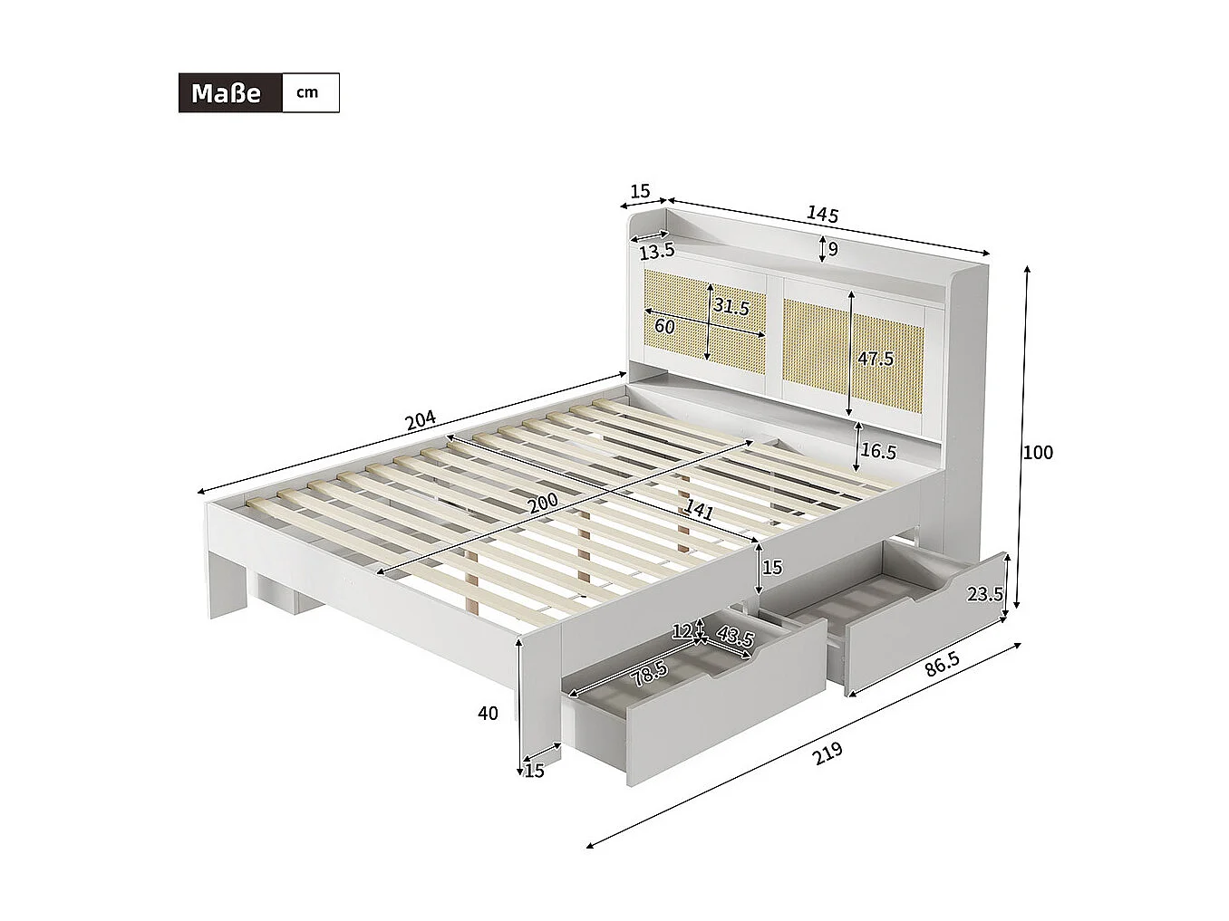 lit avec rangement en bois massif 140x200 avec décor rotin tiroirs avec espace de rangement adapté aux adultes et aux adolescents blanc