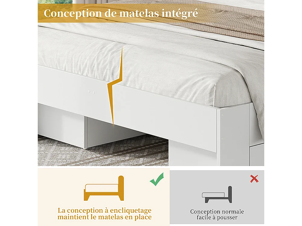 lit avec rangement en bois massif 140x200 avec décor rotin tiroirs avec espace de rangement adapté aux adultes et aux adolescents blanc