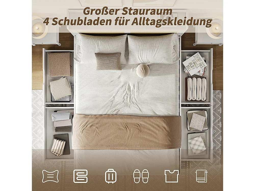 lit avec rangement en bois massif 140x200 avec décor rotin tiroirs avec espace de rangement adapté aux adultes et aux adolescents blanc