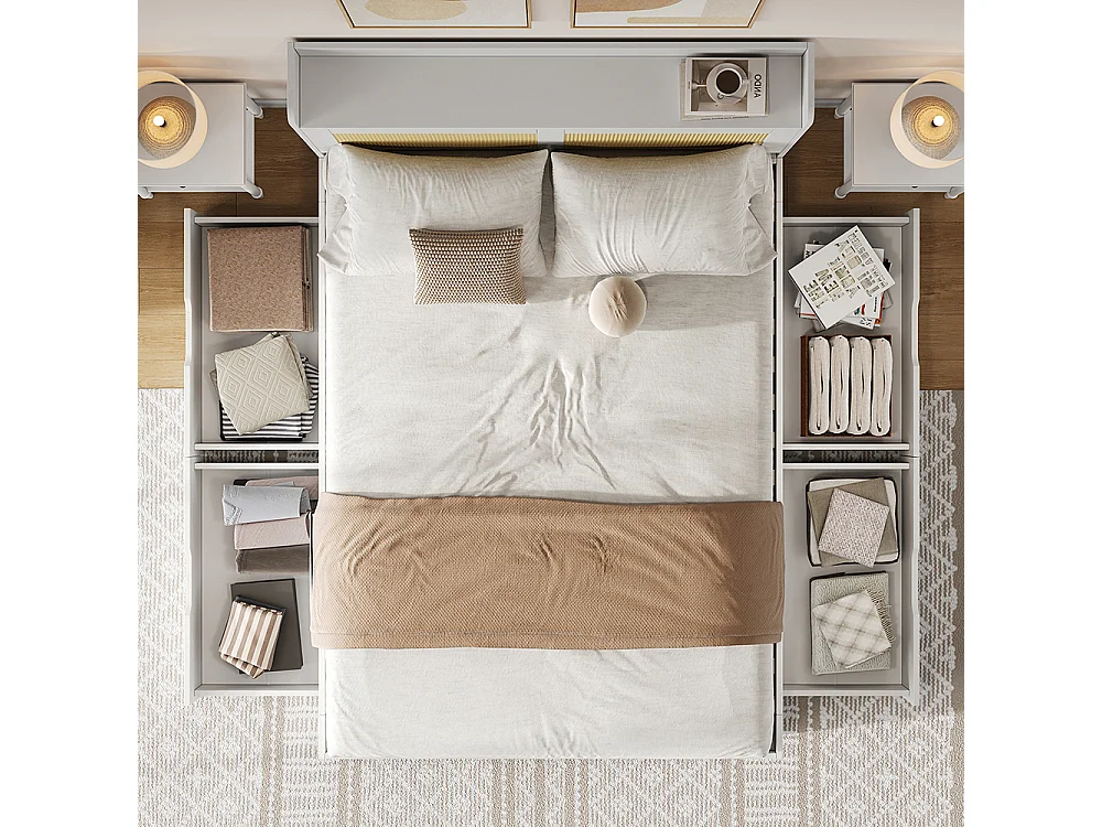 lit avec rangement en bois massif 140x200 avec décor rotin tiroirs avec espace de rangement adapté aux adultes et aux adolescents blanc