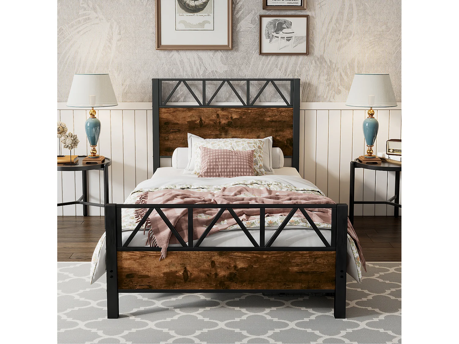 Lit enfant 90x200cm avec 2 tiroirs, cadre en métal et MDF, sommier à lattes, noir et noyer foncé, sans matelas