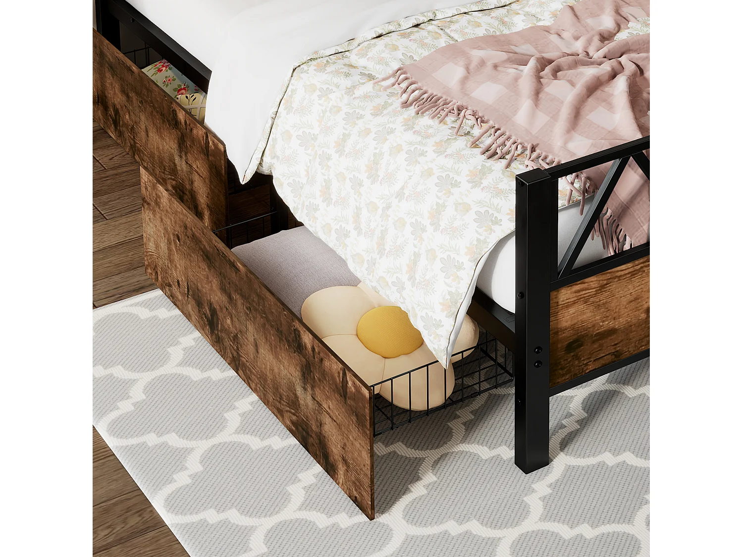 Lit enfant 90x200cm avec 2 tiroirs, cadre en métal et MDF, sommier à lattes, noir et noyer foncé, sans matelas