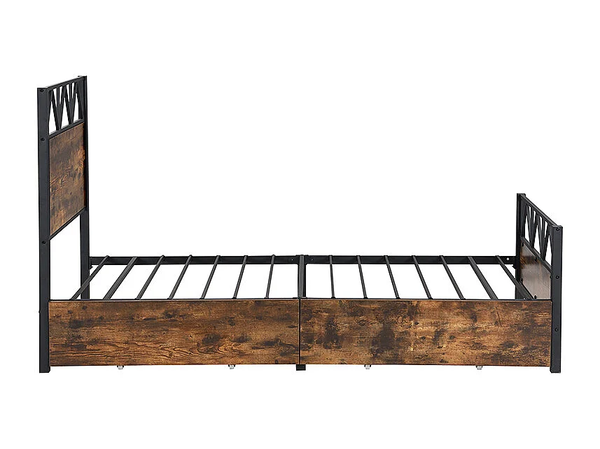 Lit enfant 90x200cm avec 2 tiroirs, cadre en métal et MDF, sommier à lattes, noir et noyer foncé, sans matelas