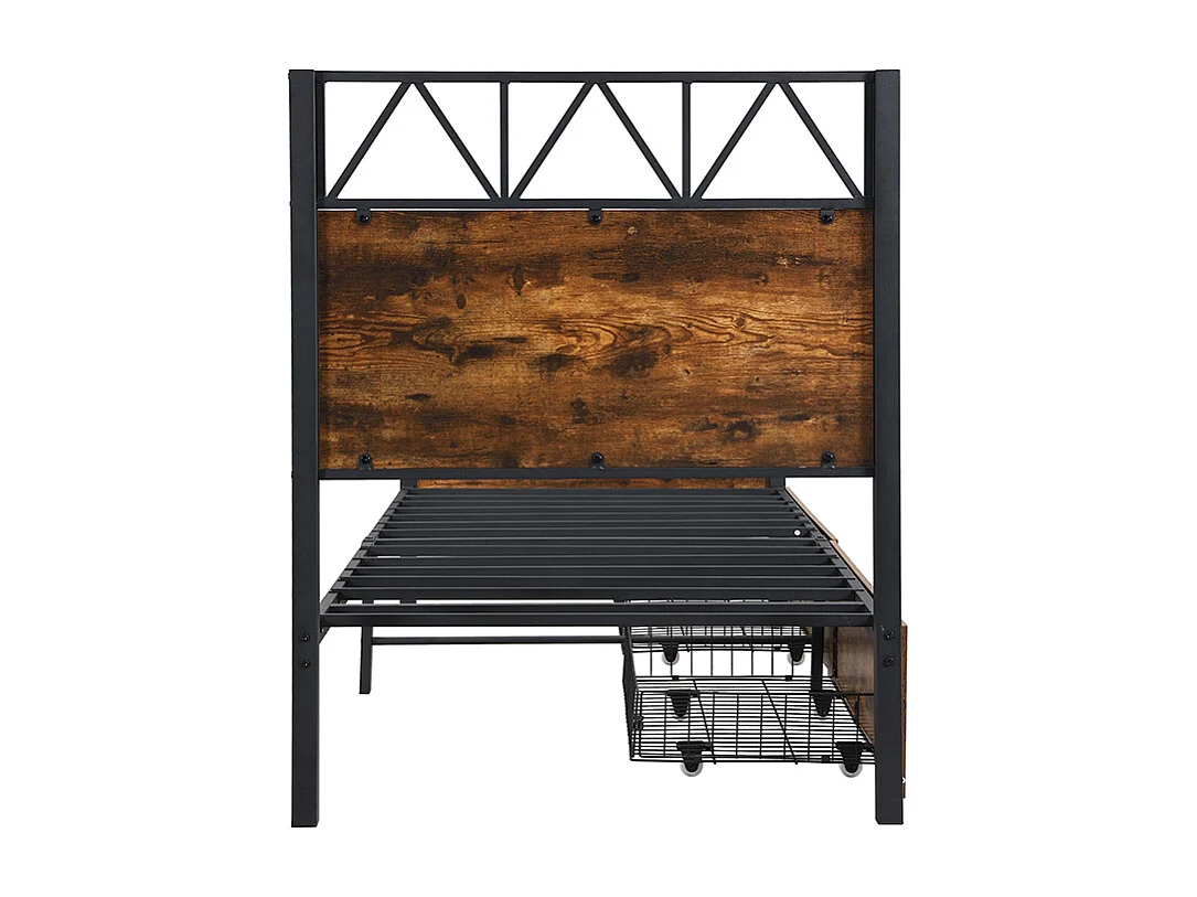 Lit enfant 90x200cm avec 2 tiroirs, cadre en métal et MDF, sommier à lattes, noir et noyer foncé, sans matelas