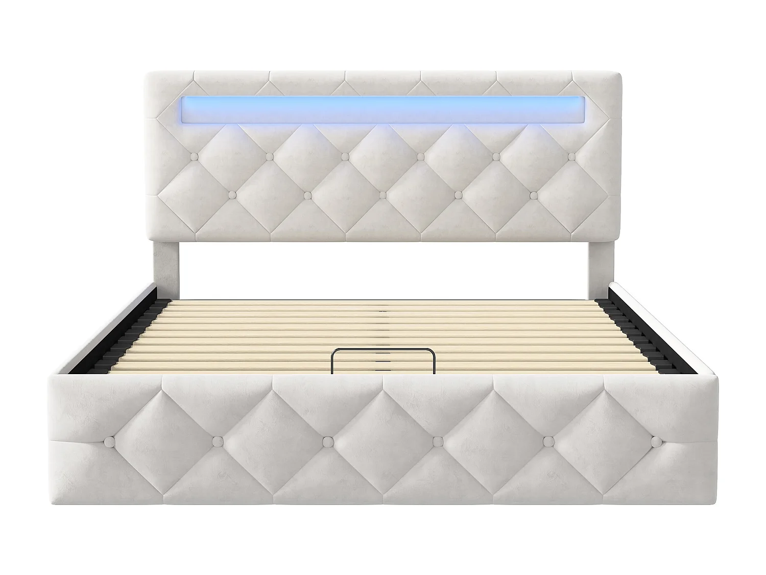 Cama con almacenaje de 160 x 200 cm, tapizada, con puertos de carga USB y LED, terciopelo, beige