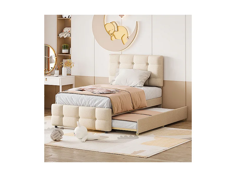 Lit enfant 90x200 cm en lin avec lit gigogne 90x188cm, tête de lit réglable, beige, sans matelas