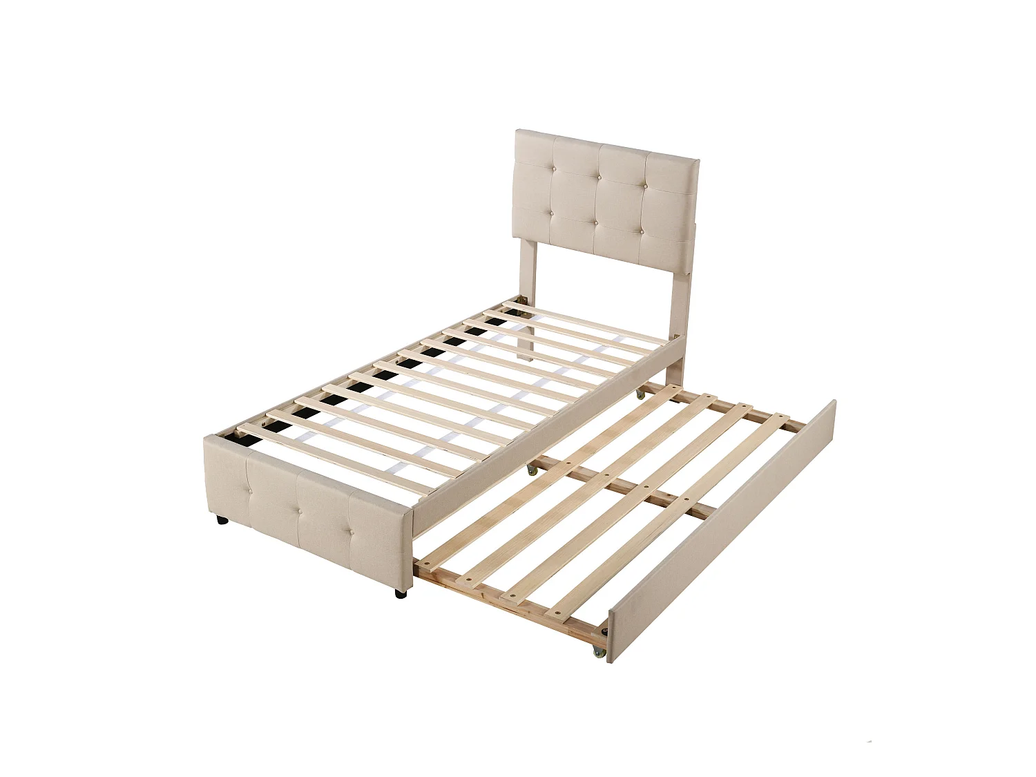 Lit enfant 90x200 cm en lin avec lit gigogne 90x188cm, tête de lit réglable, beige, sans matelas