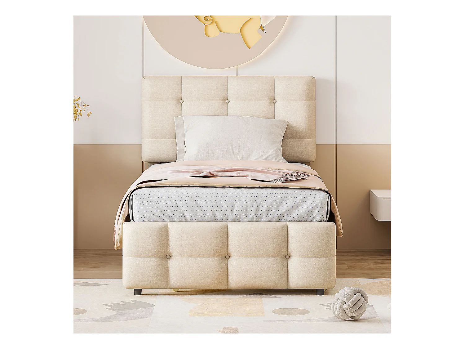 Lit enfant 90x200 cm en lin avec lit gigogne 90x188cm, tête de lit réglable, beige, sans matelas