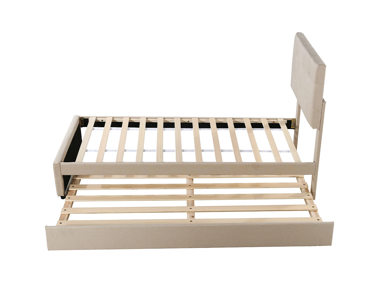 Lit enfant 90x200 cm en lin avec lit gigogne 90x188cm, tête de lit réglable, beige, sans matelas