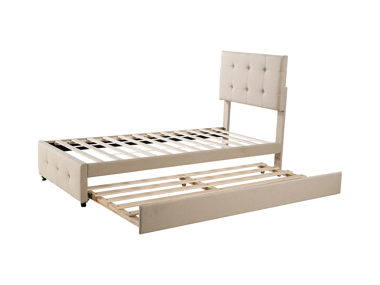 Lit enfant 90x200 cm en lin avec lit gigogne 90x188cm, tête de lit réglable, beige, sans matelas