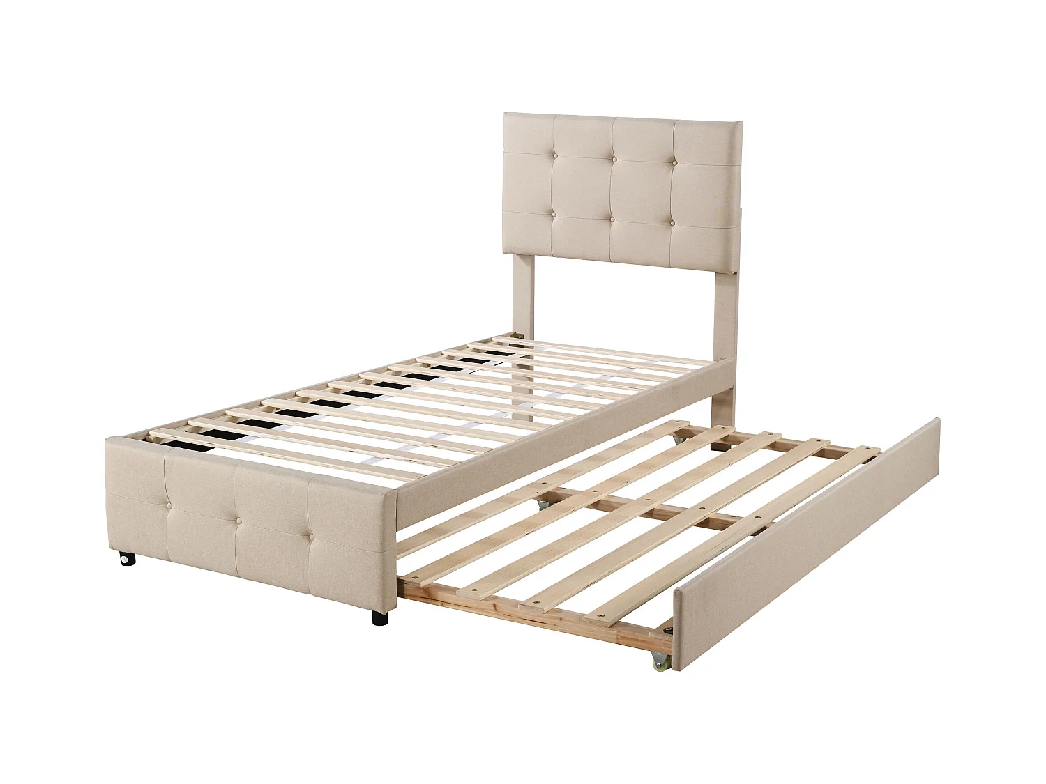 Lit enfant 90x200 cm en lin avec lit gigogne 90x188cm, tête de lit réglable, beige, sans matelas