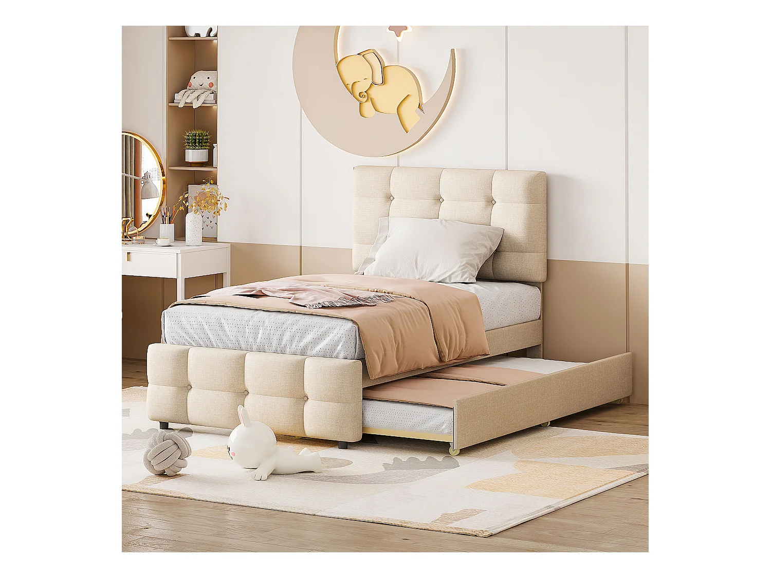 Kinderbed 90x200 cm in linnen met uitschuifbed 90x188 cm, verstelbaar hoofdeinde, beige, zonder matras