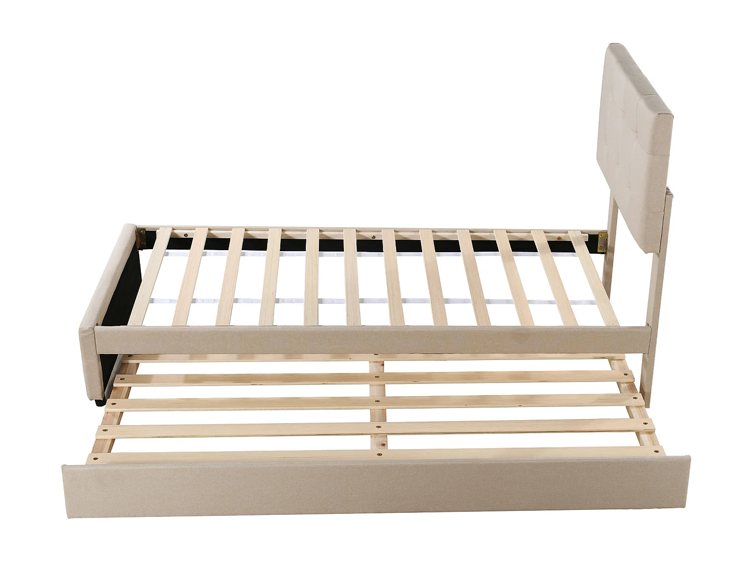 Lit enfant 90x200 cm en lin avec lit gigogne 90x188cm, tête de lit réglable, beige, sans matelas