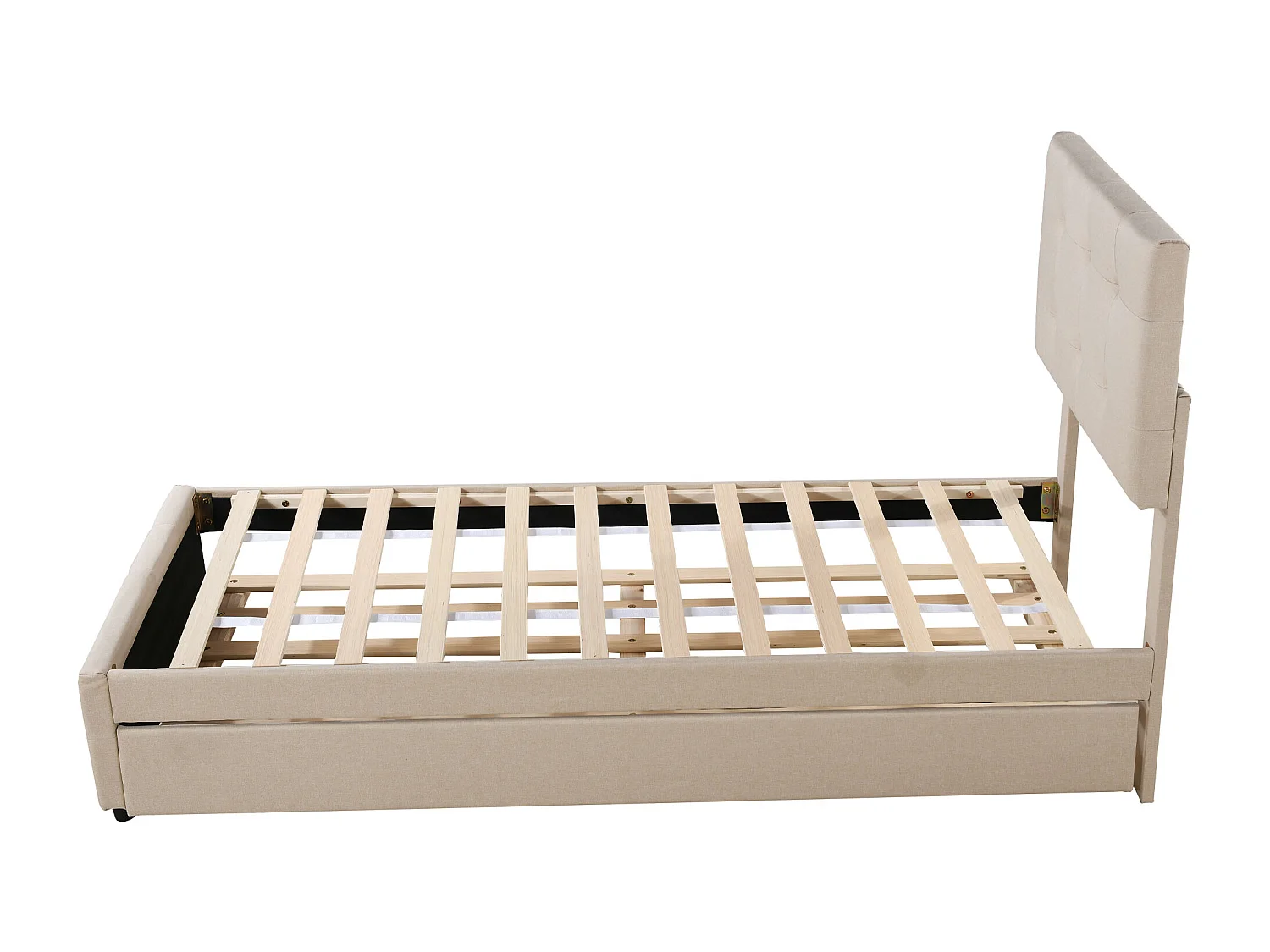 Lit enfant 90x200 cm en lin avec lit gigogne 90x188cm, tête de lit réglable, beige, sans matelas