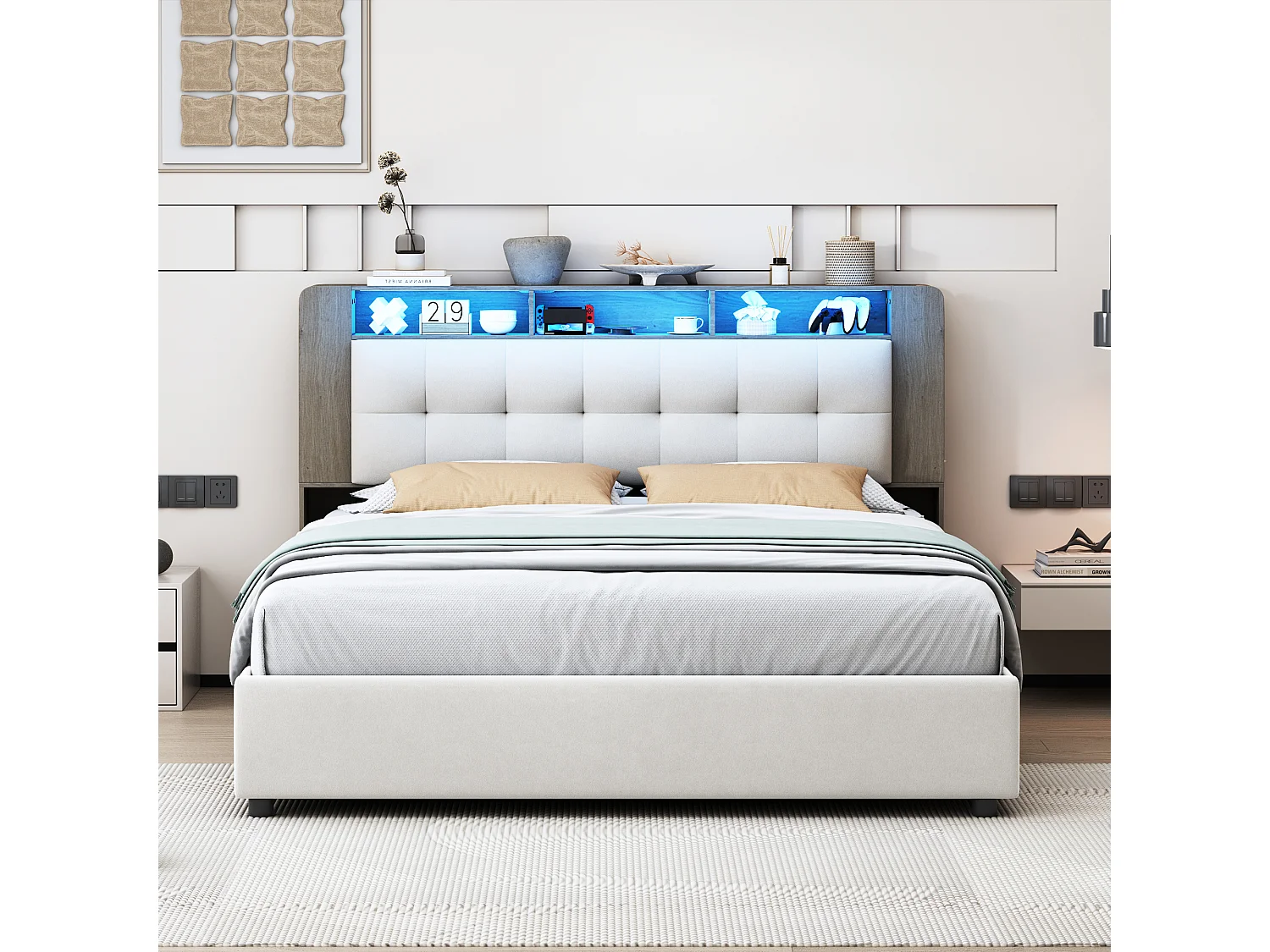 Letto 140x200 cm con rete a doghe e LED, testiera con contenitore, letto matrimoniale con contenitore, beige