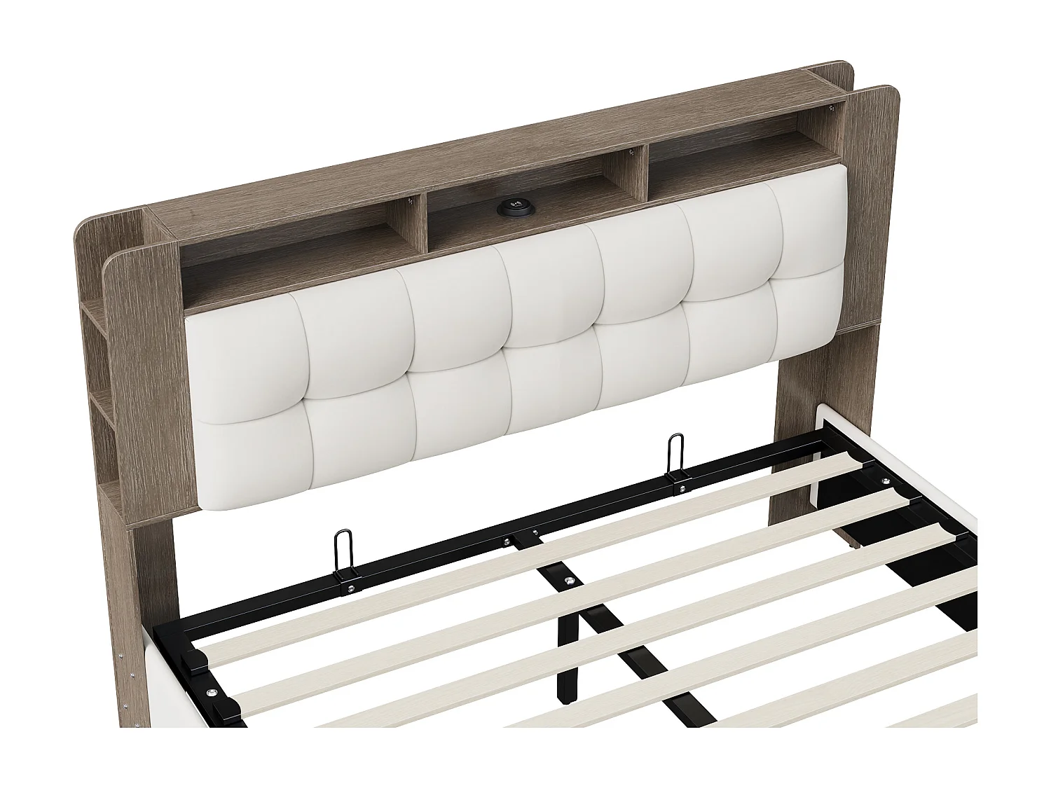 Letto 140x200 cm con rete a doghe e LED, testiera con contenitore, letto matrimoniale con contenitore, beige