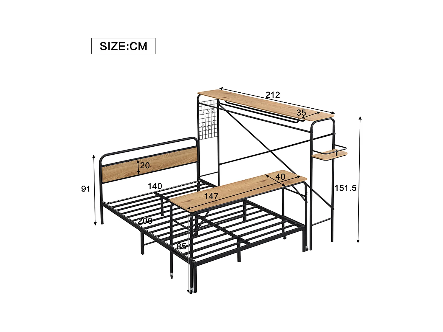 Letto per adulti 140x200cm, metallo + MDF, con scrivania mobile e appendiabiti verticale, nero e naturale, senza materasso