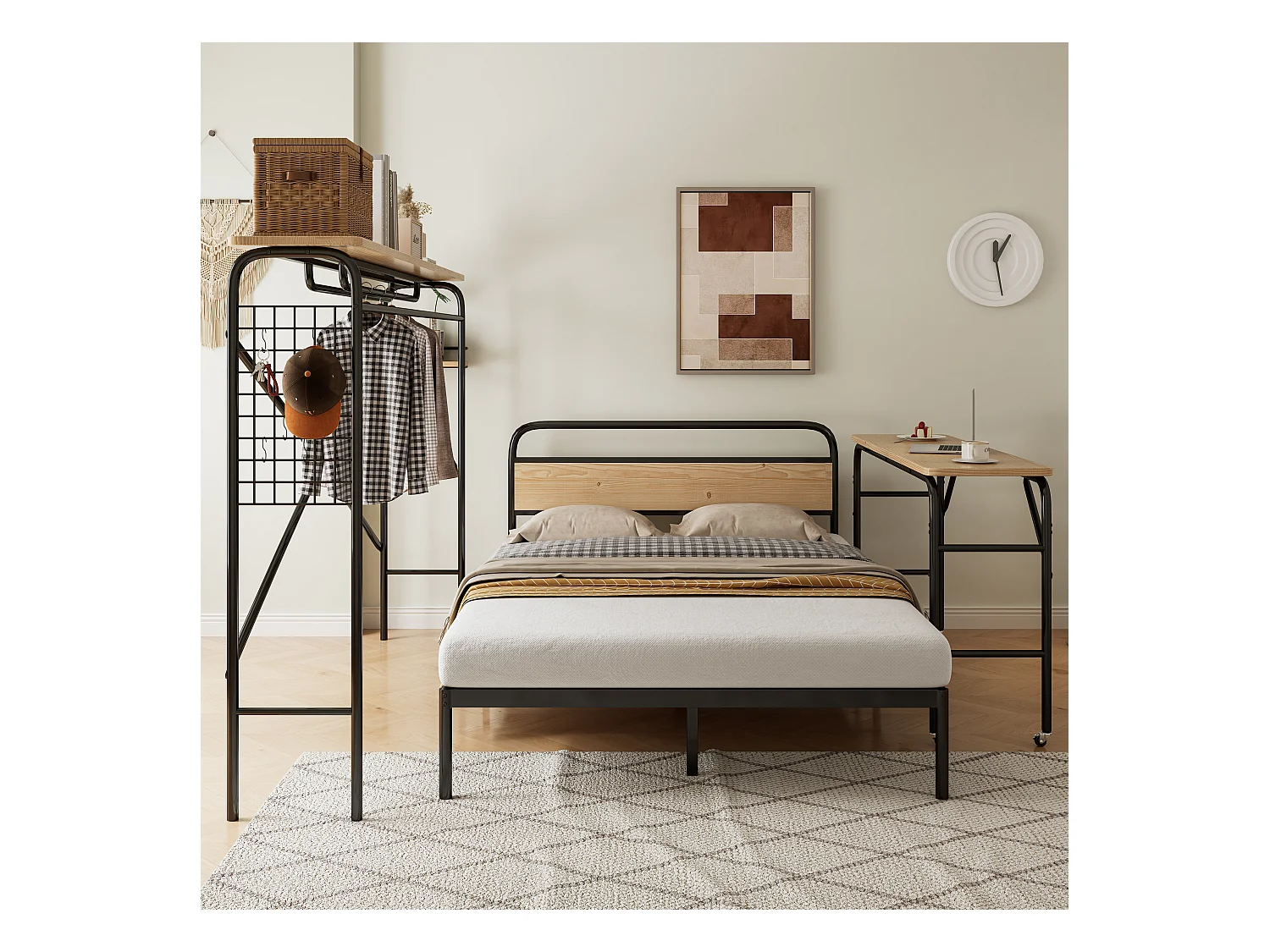 Volwassen bed 140x200cm, Metaal + MDF, met mobiel bureau en verticaal kledingrek, zwart en naturel, zonder matras