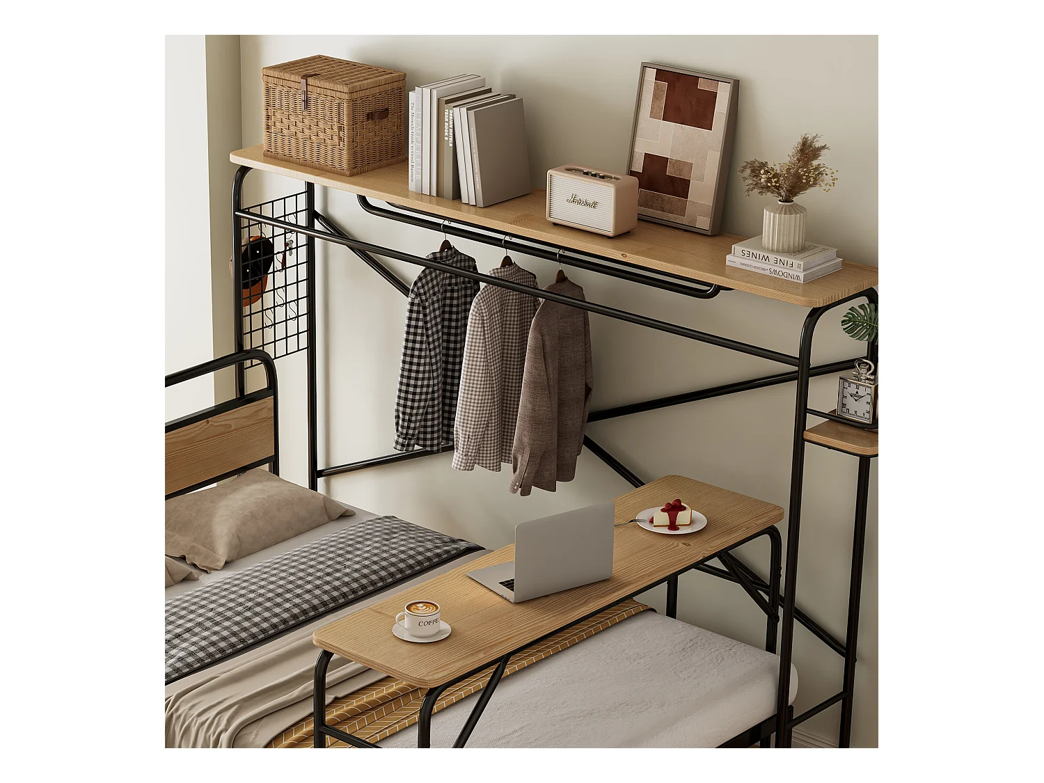 Volwassen bed 140x200cm, Metaal + MDF, met mobiel bureau en verticaal kledingrek, zwart en naturel, zonder matras