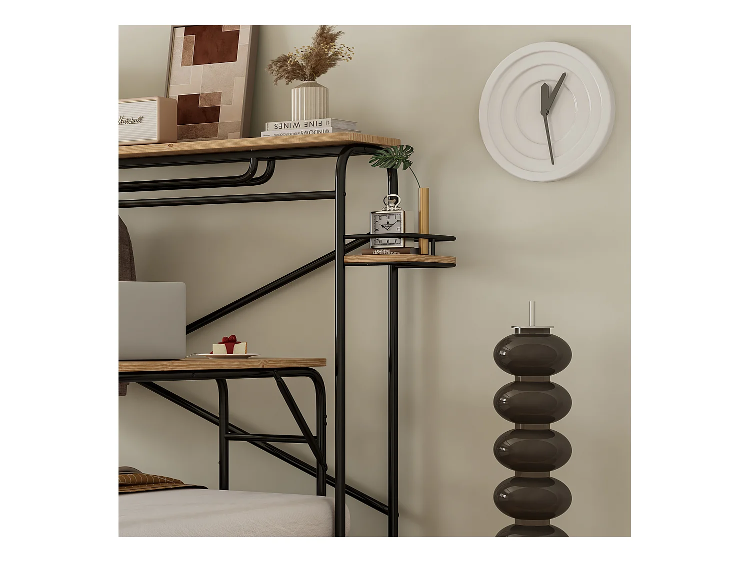 Volwassen bed 140x200cm, Metaal + MDF, met mobiel bureau en verticaal kledingrek, zwart en naturel, zonder matras