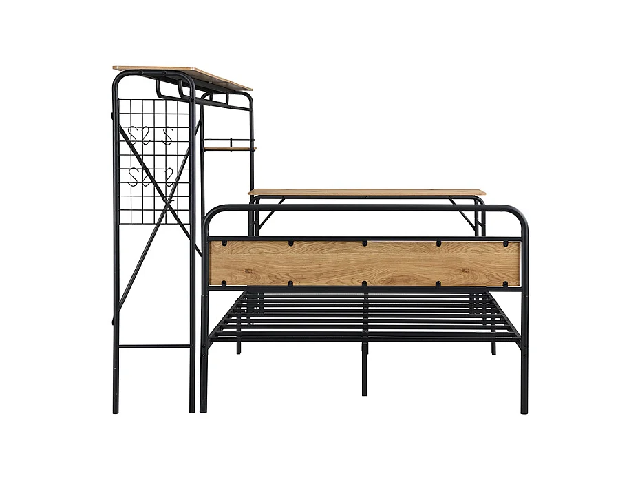 Volwassen bed 140x200cm, Metaal + MDF, met mobiel bureau en verticaal kledingrek, zwart en naturel, zonder matras