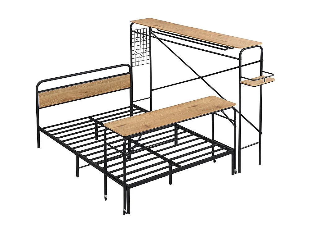 Volwassen bed 140x200cm, Metaal + MDF, met mobiel bureau en verticaal kledingrek, zwart en naturel, zonder matras