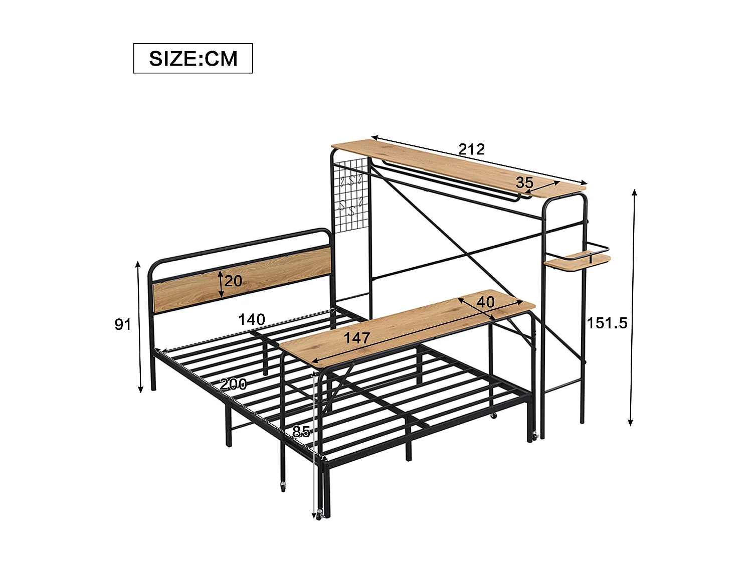 Volwassen bed 140x200cm, Metaal + MDF, met mobiel bureau en verticaal kledingrek, zwart en naturel, zonder matras