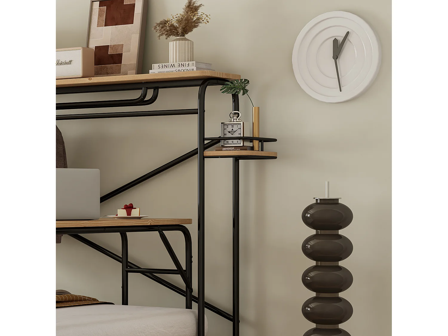 Volwassen bed 140x200cm, Metaal + MDF, met mobiel bureau en verticaal kledingrek, zwart en naturel, zonder matras