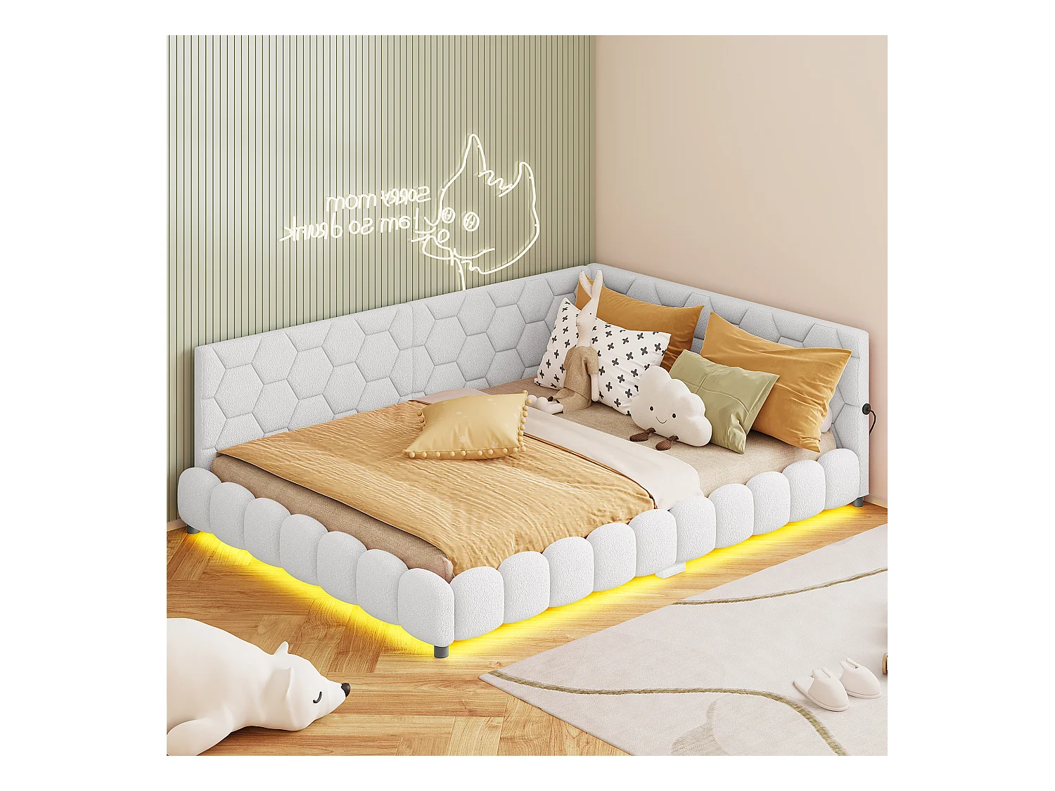 Gestoffeerde tweepersoons slaapbank 140 x 200 cm met LED en USB, bedframe met lattenbodem, wit