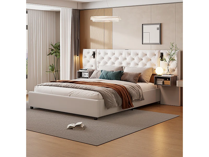 Tweepersoonsbed 140x200 cm met leeslamp en USB-oplader, opbergbedden, fluweel, wit