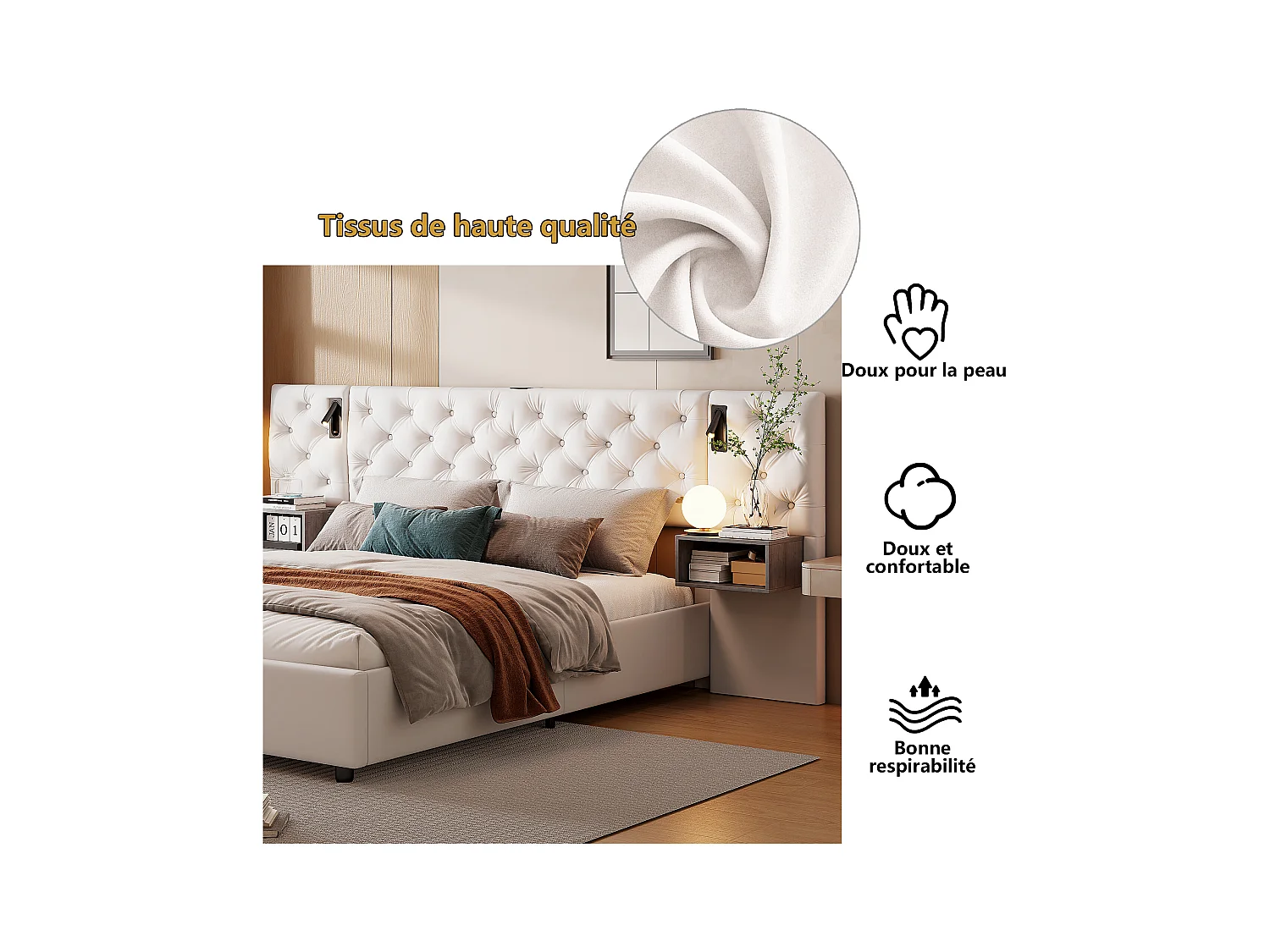 Tweepersoonsbed 140x200 cm met leeslamp en USB-oplader, opbergbedden, fluweel, wit