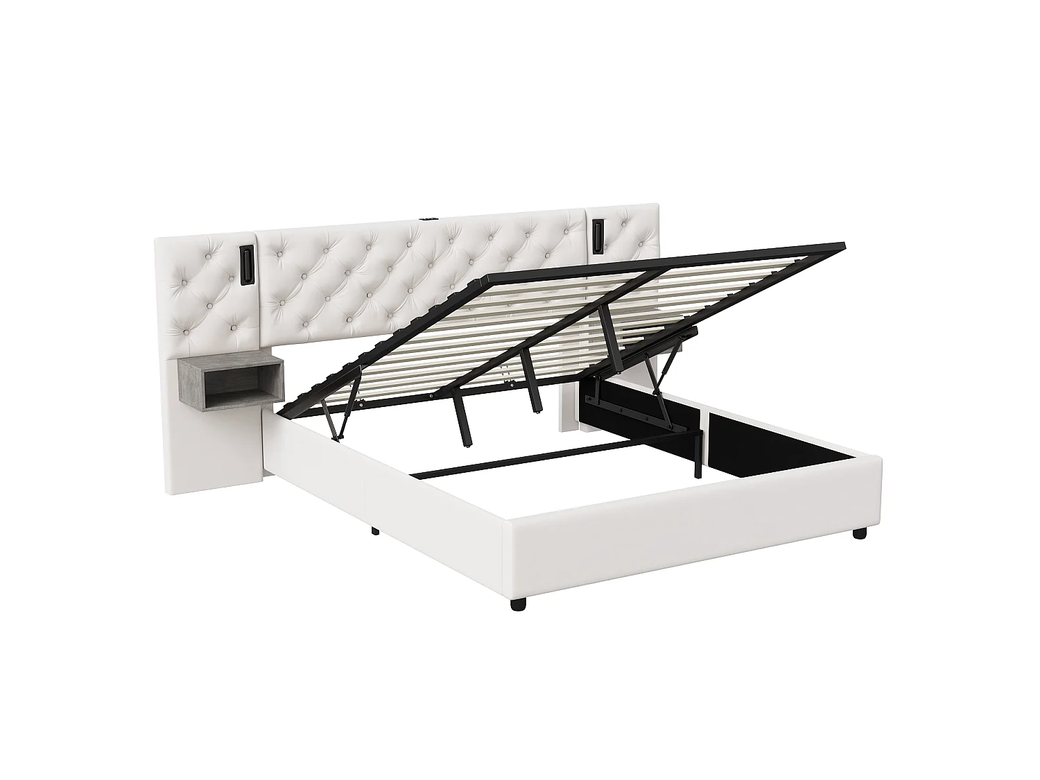 Lit Coffre 140x200 cm avec Sommier, Lit Double Rembourré en Velours Beige avec 2 Tables de Chevet, Tête de Lit avec LED, Lampe de Lecture et Port USB