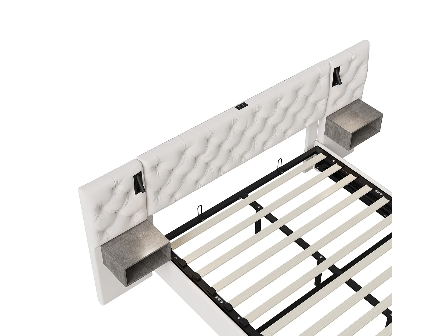 Lit Coffre 140x200 cm avec Sommier, Lit Double Rembourré en Velours Beige avec 2 Tables de Chevet, Tête de Lit avec LED, Lampe de Lecture et Port USB