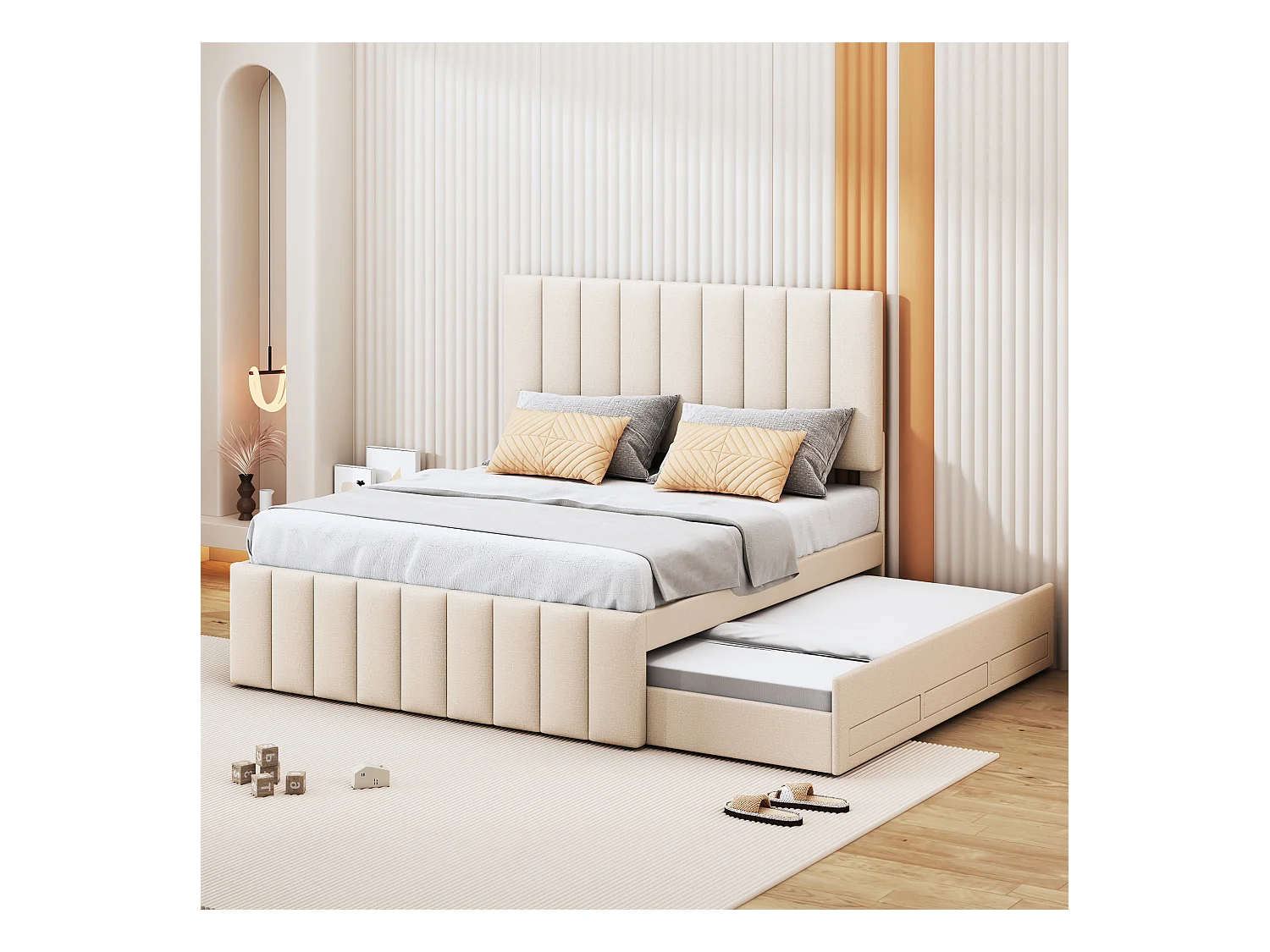 Lit adulte 140x200 cm avec lit gigogne 90x190cm avec tiroirs de rangement, en lin, sans matelas, beige