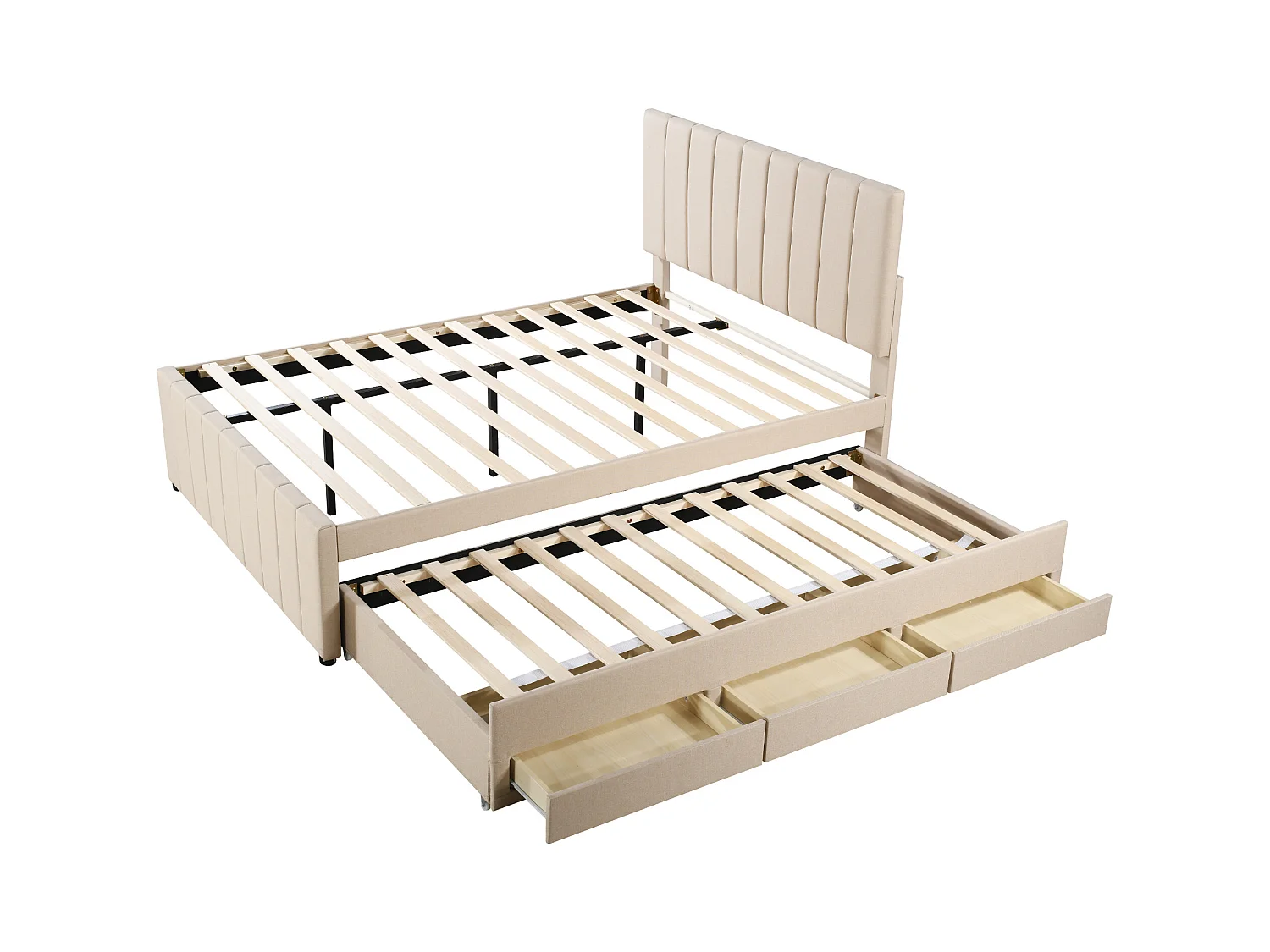 Lit adulte 140x200 cm avec lit gigogne 90x190cm avec tiroirs de rangement, en lin, sans matelas, beige