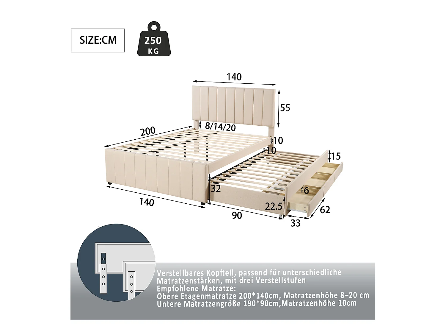 Lit adulte 140x200 cm avec lit gigogne 90x190cm avec tiroirs de rangement, en lin, sans matelas, beige