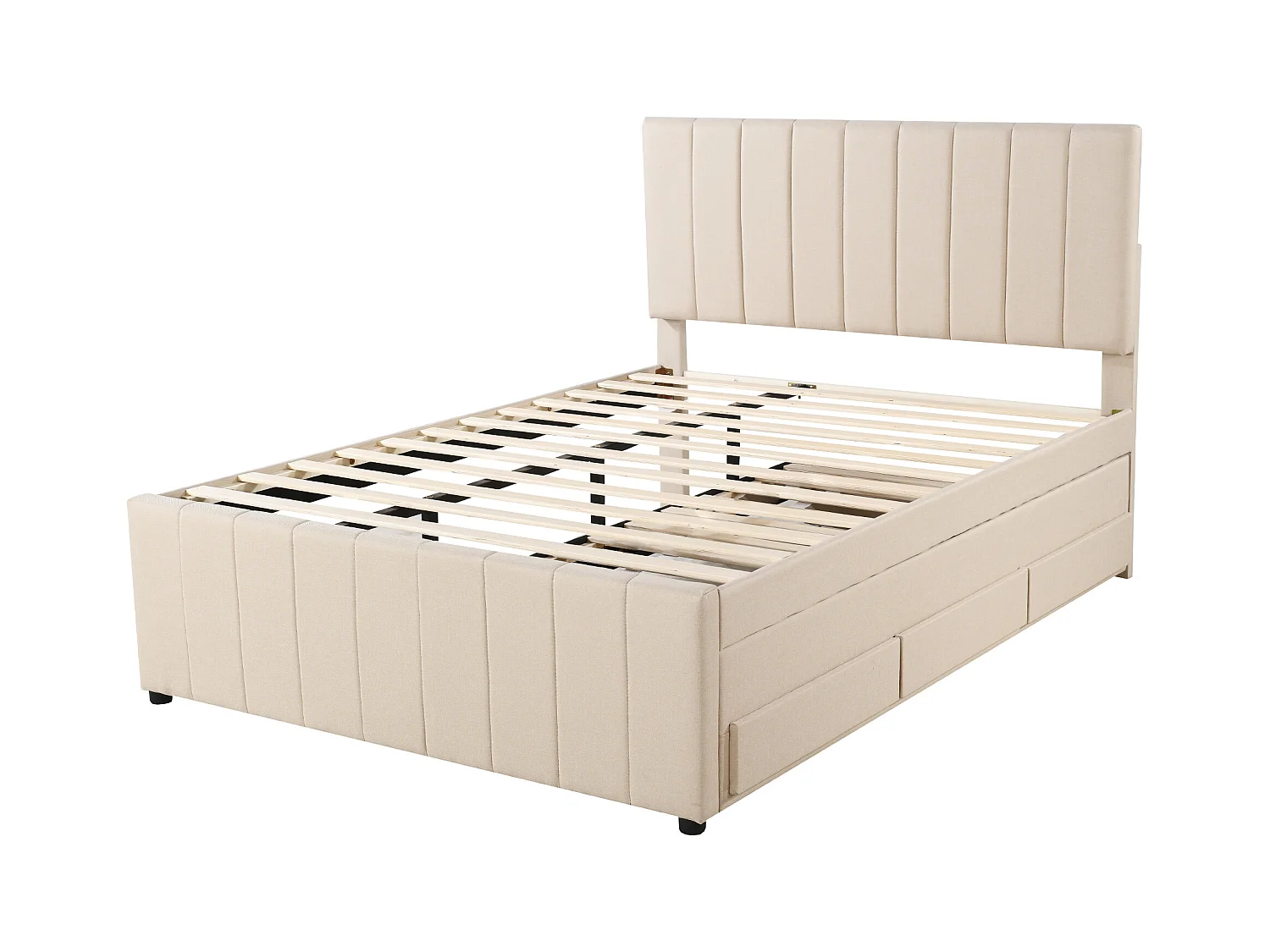 Lit adulte 140x200 cm avec lit gigogne 90x190cm avec tiroirs de rangement, en lin, sans matelas, beige