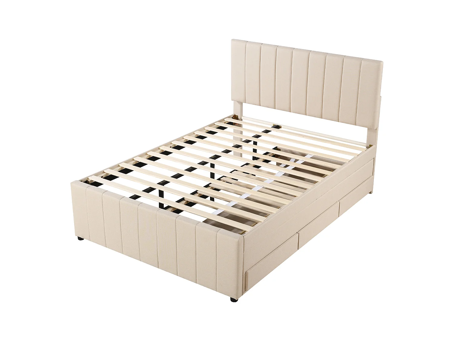 Lit adulte 140x200 cm avec lit gigogne 90x190cm avec tiroirs de rangement, en lin, sans matelas, beige