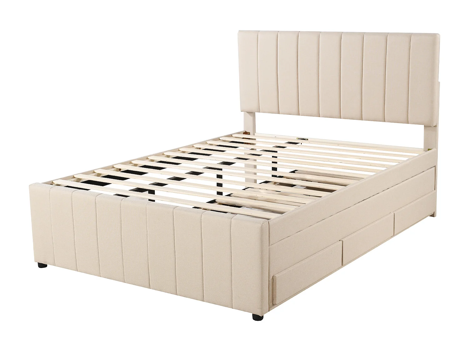 Lit adulte 140x200 cm avec lit gigogne 90x190cm avec tiroirs de rangement, en lin, sans matelas, beige