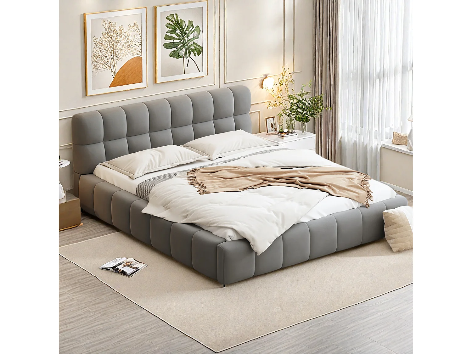 Cama de casal estofada, estilo bolha, 160 x 190 cm, com estrado de ripas e encosto macio, linho, cinza