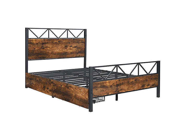 Volwassen bed 140x200cm met 2 lades, frame van metaal en MDF, lattenbodem, zwart en donker notenhout, zonder matras